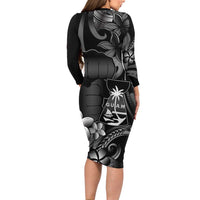 Black Hafa Adai Guam Long Sleeve Bodycon Dress Chamorro Latte Stone Hand With Plumeria