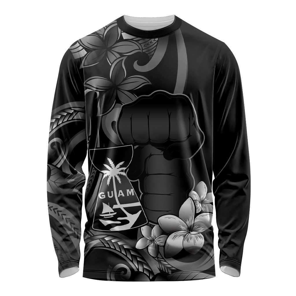 Black Hafa Adai Guam Long Sleeve Shirt Chamorro Latte Stone Hand With Plumeria