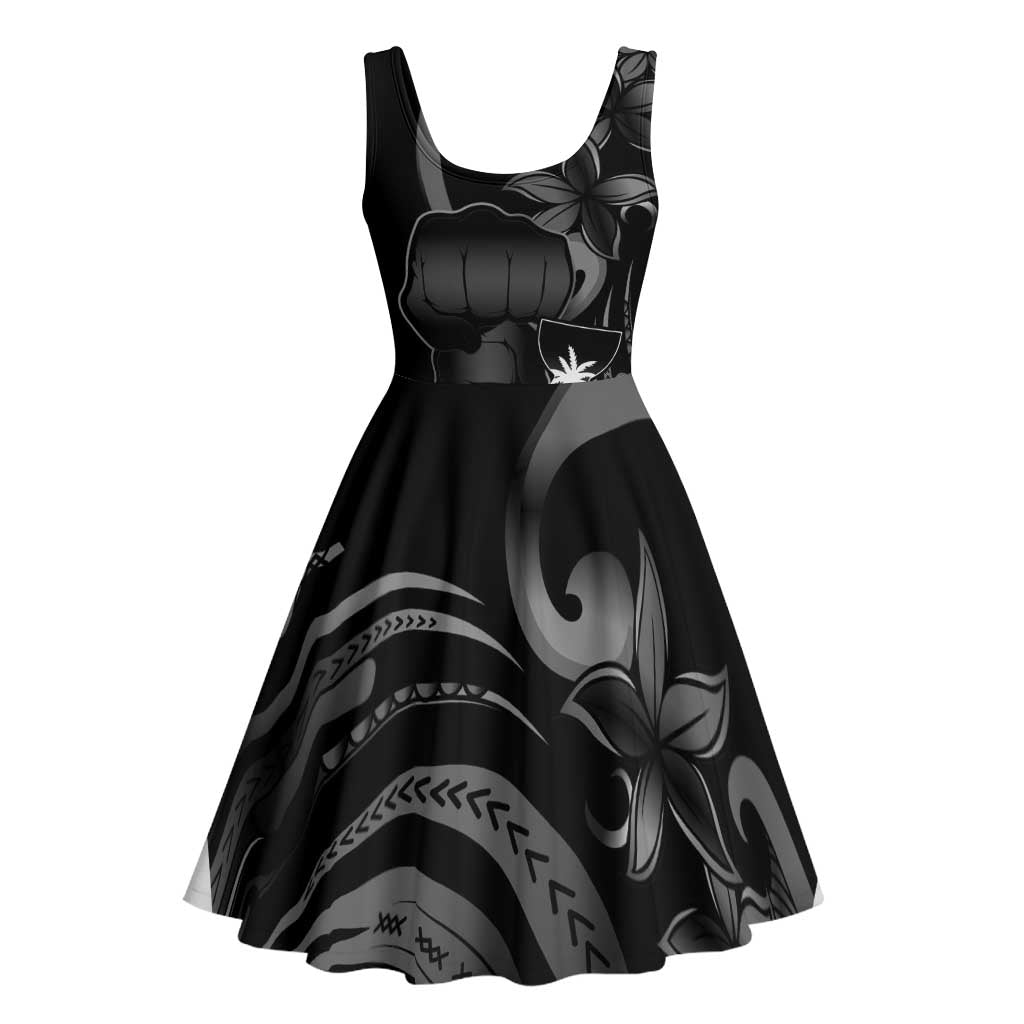 Black Hafa Adai Guam Midi Dress Chamorro Latte Stone Hand With Plumeria - Polynesian Pride