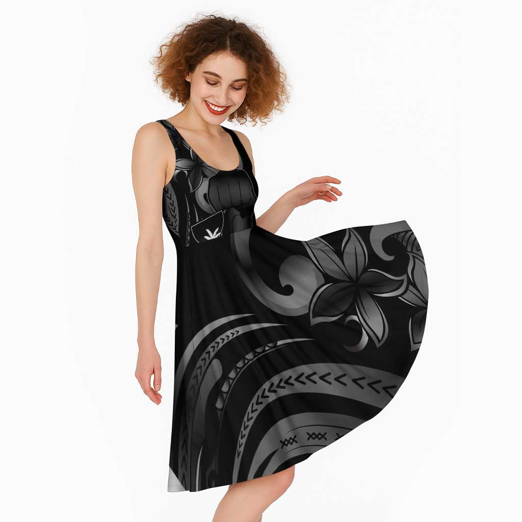Black Hafa Adai Guam Midi Dress Chamorro Latte Stone Hand With Plumeria - Polynesian Pride