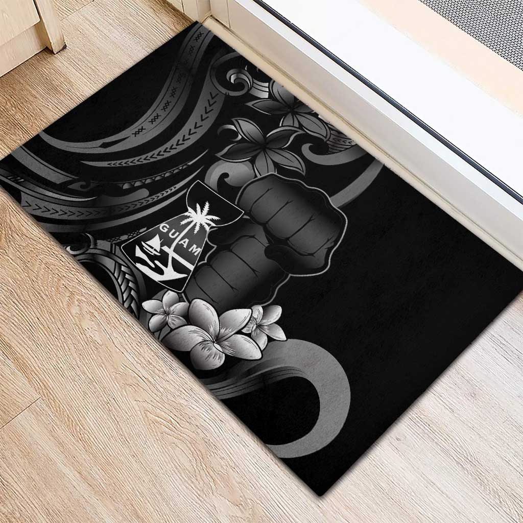 Black Hafa Adai Guam Rubber Doormat Chamorro Latte Stone Hand With Plumeria