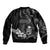 Black Hafa Adai Guam Sleeve Zip Bomber Jacket Chamorro Latte Stone Hand With Plumeria