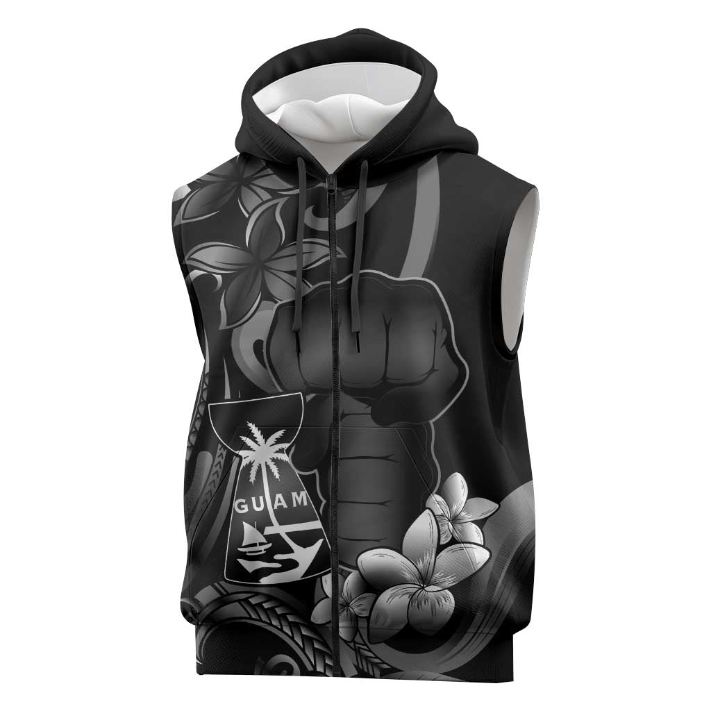 Black Hafa Adai Guam Sleeveless Zip Hoodie Chamorro Latte Stone Hand With Plumeria - Polynesian Pride