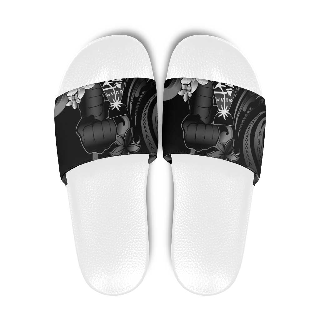 Black Hafa Adai Guam Slide Sandals Chamorro Latte Stone Hand With Plumeria - Polynesian Pride