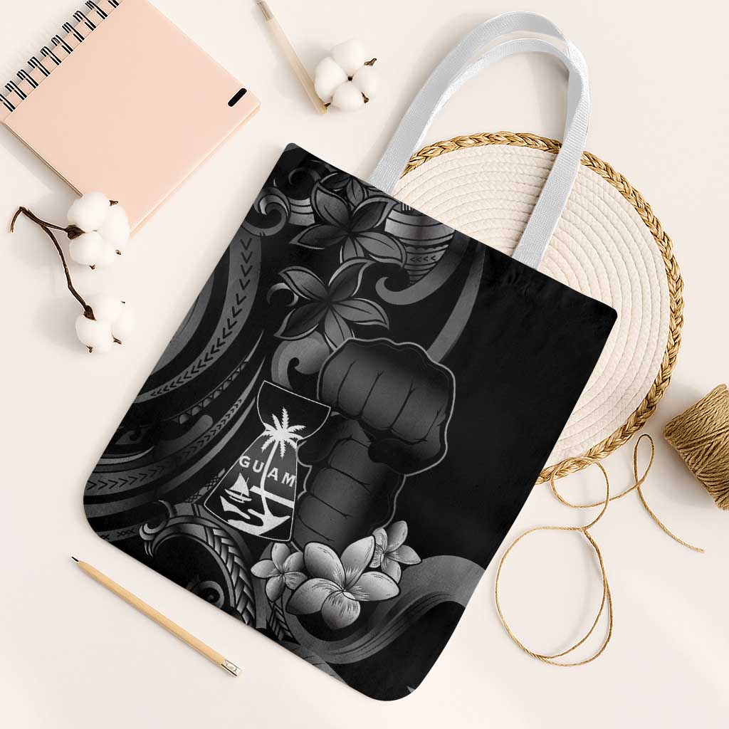 Black Hafa Adai Guam Tote Bag Chamorro Latte Stone Hand With Plumeria - Polynesian Pride