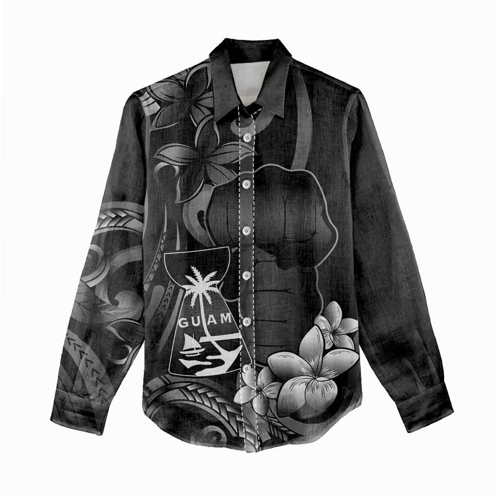 Black Hafa Adai Guam Women Casual Shirt Chamorro Latte Stone Hand With Plumeria