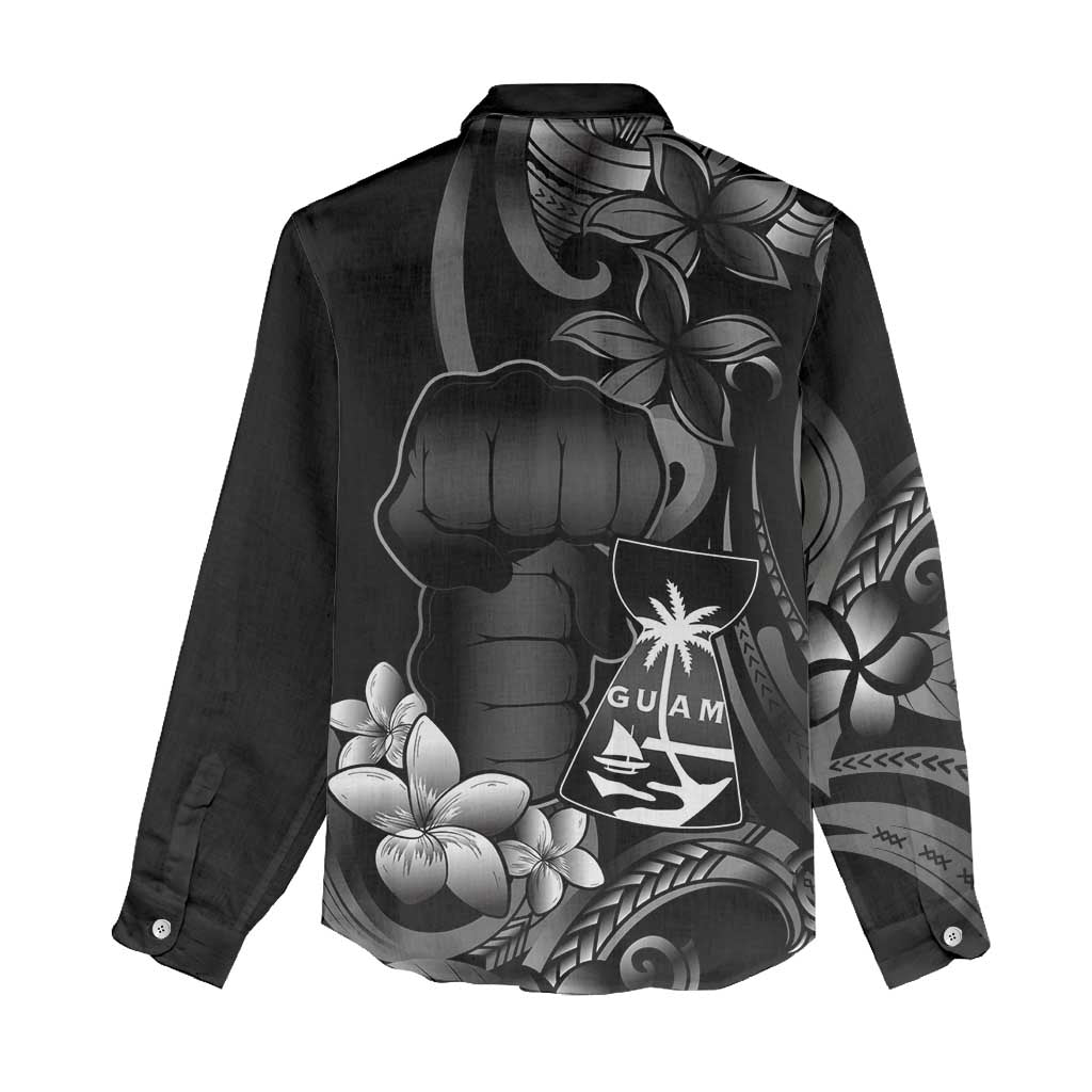 Black Hafa Adai Guam Women Casual Shirt Chamorro Latte Stone Hand With Plumeria