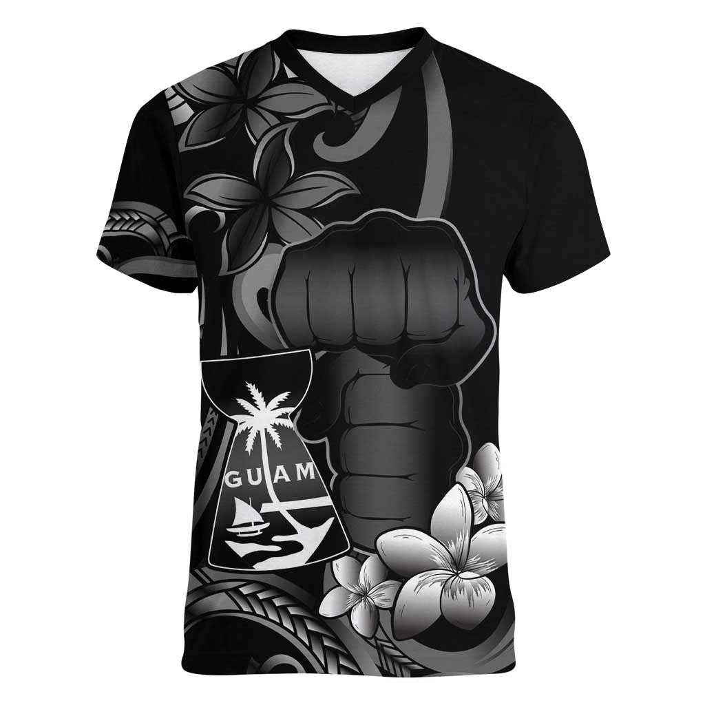 Black Hafa Adai Guam Women V-Neck T-Shirt Chamorro Latte Stone Hand With Plumeria