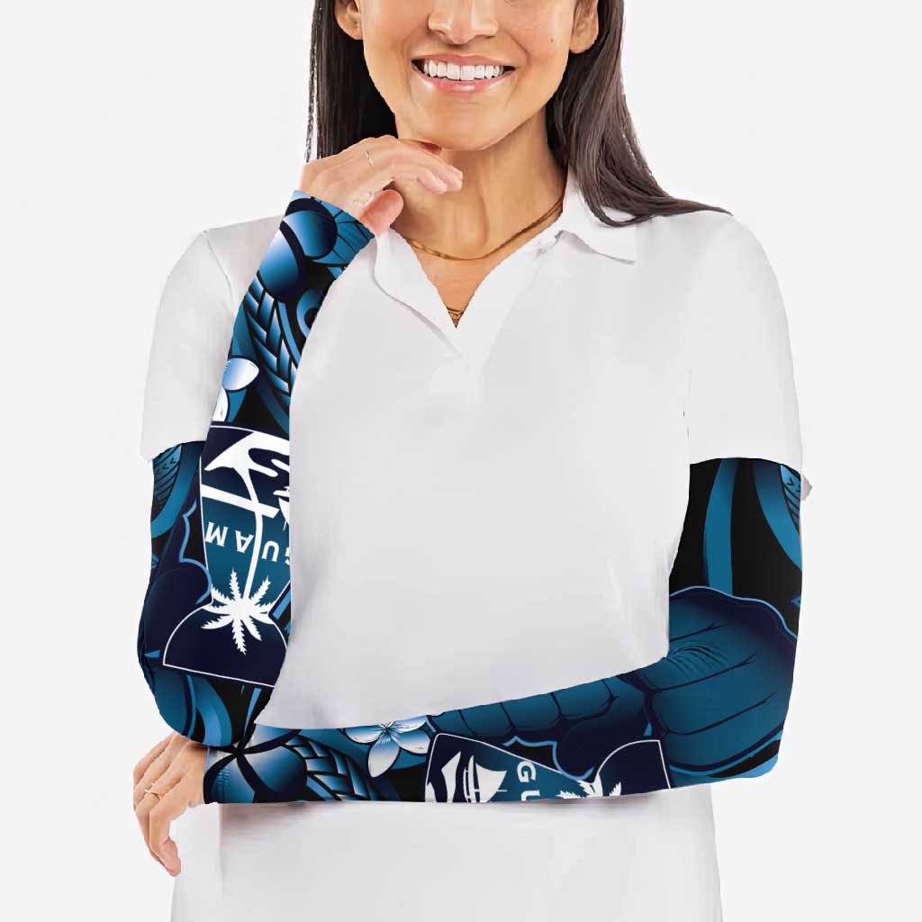 Blue Hafa Adai Guam Arm Sleeves Chamorro Latte Stone Hand With Plumeria - Polynesian Pride