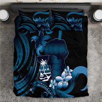 Blue Hafa Adai Guam Bedding Set Chamorro Latte Stone Hand With Plumeria