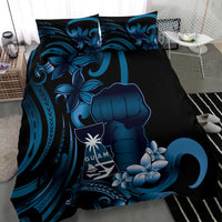 Blue Hafa Adai Guam Bedding Set Chamorro Latte Stone Hand With Plumeria