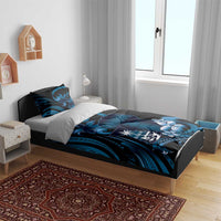 Blue Hafa Adai Guam Bedding Set Chamorro Latte Stone Hand With Plumeria