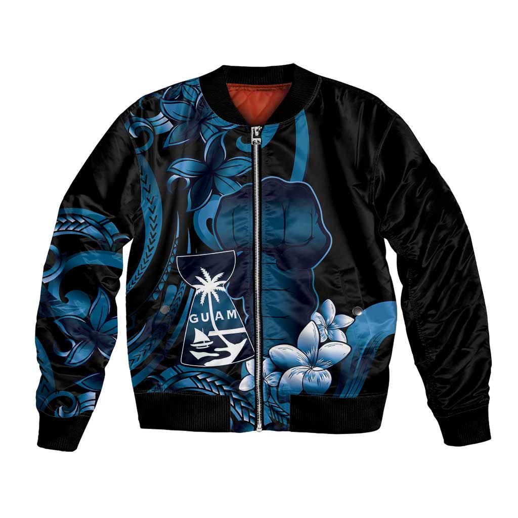 Blue Hafa Adai Guam Bomber Jacket Chamorro Latte Stone Hand With Plumeria