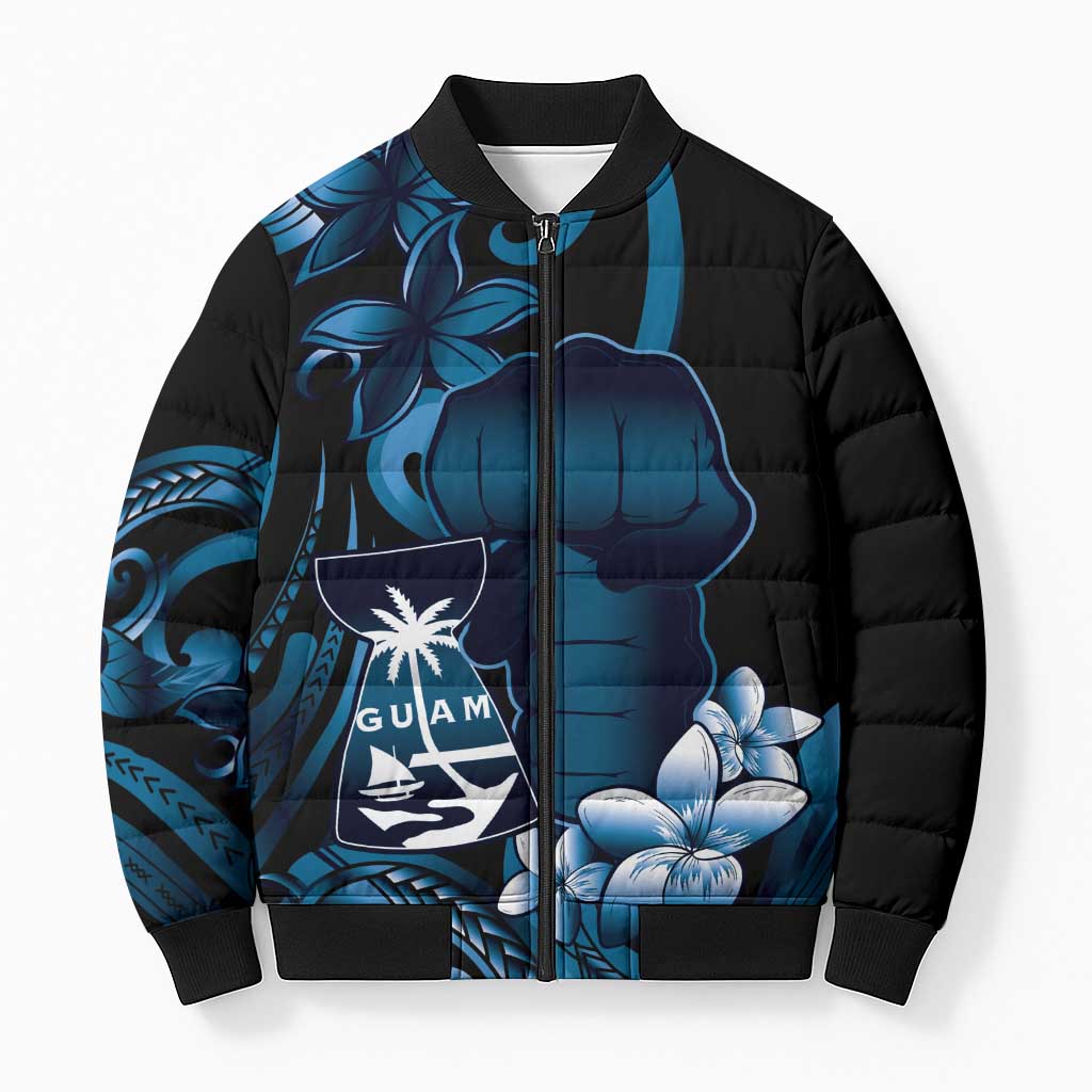 Blue Hafa Adai Guam Bomber Puffer Jacket Chamorro Latte Stone Hand With Plumeria - Polynesian Pride
