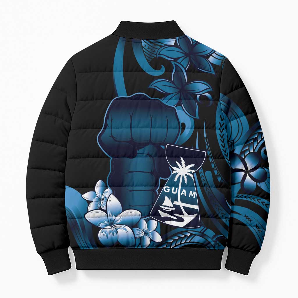 Blue Hafa Adai Guam Bomber Puffer Jacket Chamorro Latte Stone Hand With Plumeria - Polynesian Pride