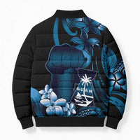 Blue Hafa Adai Guam Bomber Puffer Jacket Chamorro Latte Stone Hand With Plumeria - Polynesian Pride