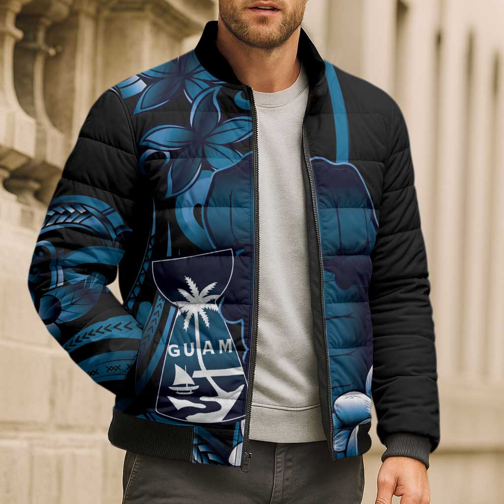 Blue Hafa Adai Guam Bomber Puffer Jacket Chamorro Latte Stone Hand With Plumeria - Polynesian Pride