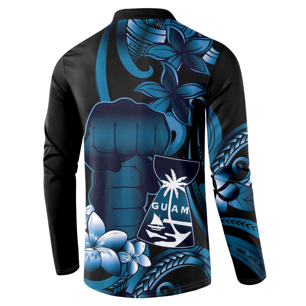 Blue Hafa Adai Guam Button Sweatshirt Chamorro Latte Stone Hand With Plumeria