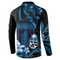 Blue Hafa Adai Guam Button Sweatshirt Chamorro Latte Stone Hand With Plumeria