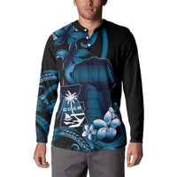 Blue Hafa Adai Guam Button Sweatshirt Chamorro Latte Stone Hand With Plumeria