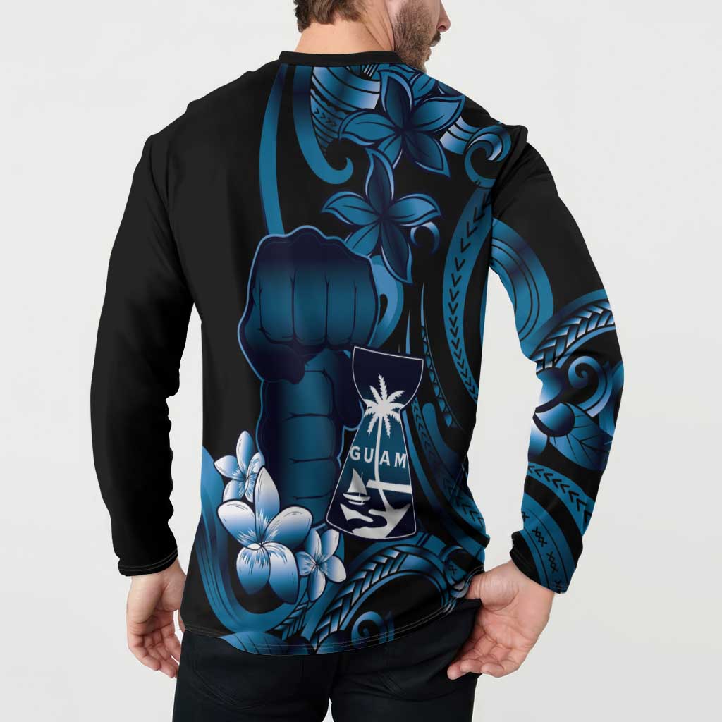 Blue Hafa Adai Guam Button Sweatshirt Chamorro Latte Stone Hand With Plumeria