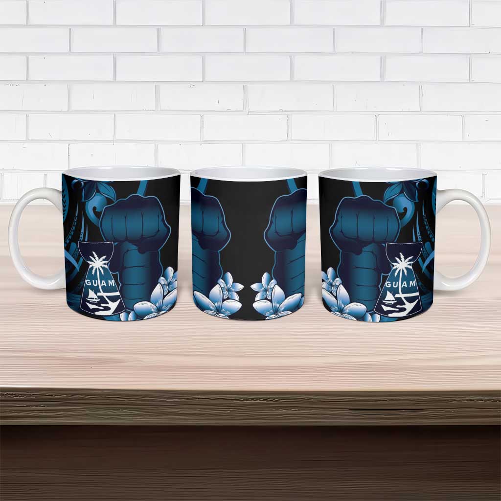Blue Hafa Adai Guam Ceramic Mug Chamorro Latte Stone Hand With Plumeria - Polynesian Pride