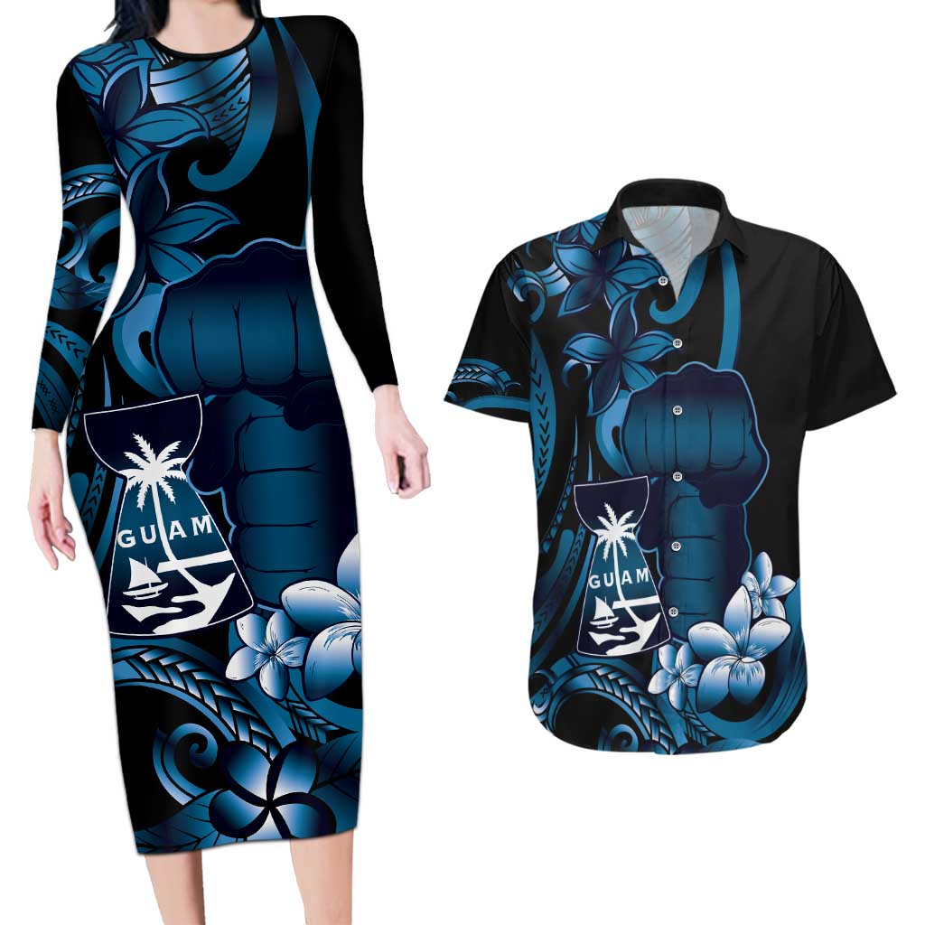 Blue Hafa Adai Guam Couples Matching Long Sleeve Bodycon Dress and Hawaiian Shirt Chamorro Latte Stone Hand With Plumeria