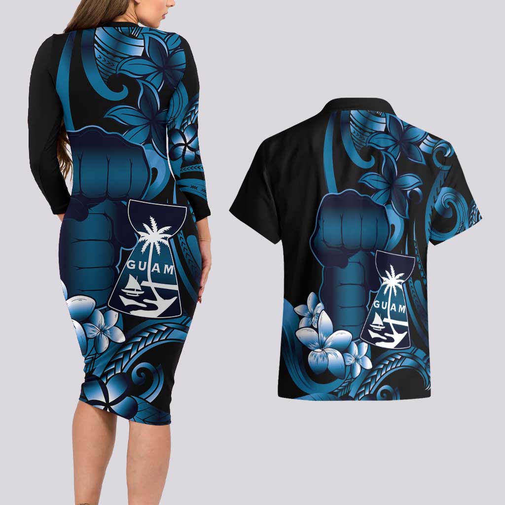 Blue Hafa Adai Guam Couples Matching Long Sleeve Bodycon Dress and Hawaiian Shirt Chamorro Latte Stone Hand With Plumeria