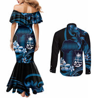 Blue Hafa Adai Guam Couples Matching Mermaid Dress and Long Sleeve Button Shirt Chamorro Latte Stone Hand With Plumeria