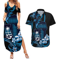 Blue Hafa Adai Guam Couples Matching Summer Maxi Dress and Hawaiian Shirt Chamorro Latte Stone Hand With Plumeria
