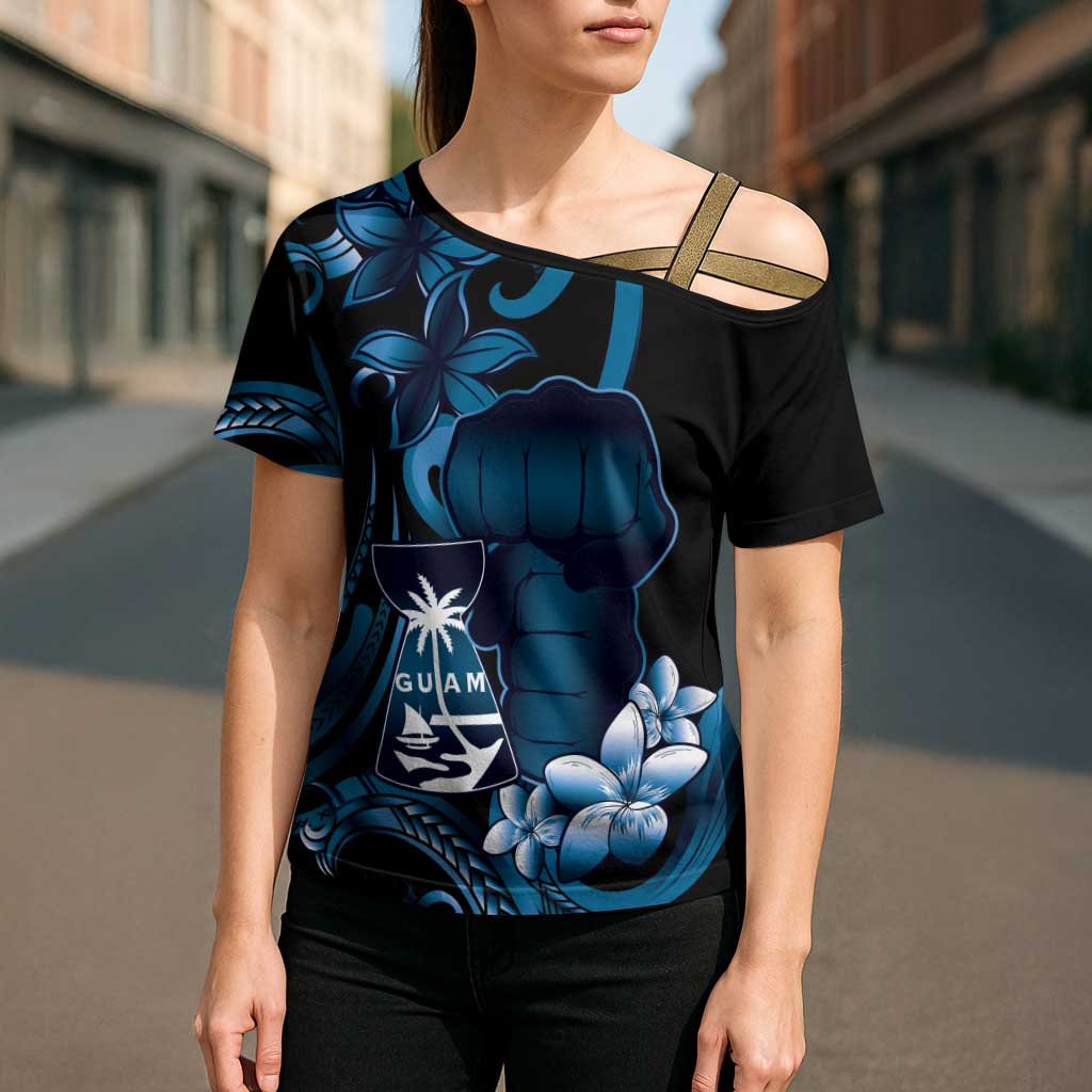 Blue Hafa Adai Guam Cross Shoulder Shirt Chamorro Latte Stone Hand With Plumeria - Polynesian Pride