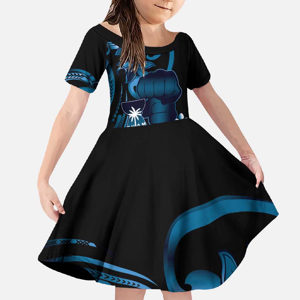 Blue Hafa Adai Guam Family Matching Long Sleeve Bodycon Dress and Hawaiian Shirt Chamorro Latte Stone Hand With Plumeria LT14 Daughter's Dress Blue - Polynesian Pride
