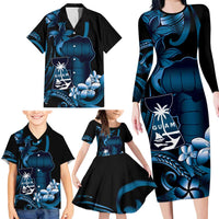 Blue Hafa Adai Guam Family Matching Long Sleeve Bodycon Dress and Hawaiian Shirt Chamorro Latte Stone Hand With Plumeria LT14 - Polynesian Pride