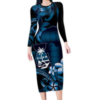 Blue Hafa Adai Guam Family Matching Long Sleeve Bodycon Dress and Hawaiian Shirt Chamorro Latte Stone Hand With Plumeria LT14 Mom's Dress Blue - Polynesian Pride