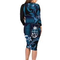 Blue Hafa Adai Guam Family Matching Long Sleeve Bodycon Dress and Hawaiian Shirt Chamorro Latte Stone Hand With Plumeria LT14 - Polynesian Pride