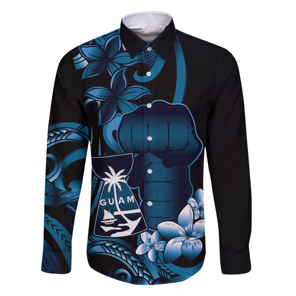 Blue Hafa Adai Guam Family Matching Mermaid Dress and Hawaiian Shirt Chamorro Latte Stone Hand With Plumeria LT14 Dad's Shirt - Long Sleeve Blue - Polynesian Pride