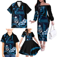 Blue Hafa Adai Guam Family Matching Off The Shoulder Long Sleeve Dress and Hawaiian Shirt Chamorro Latte Stone Hand With Plumeria