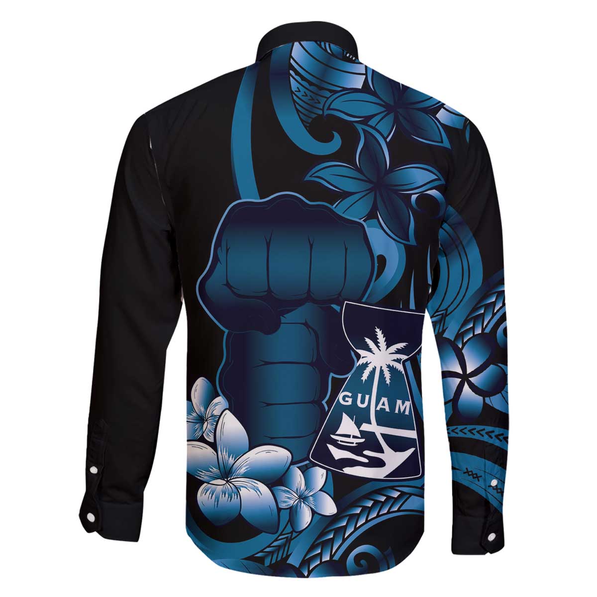 Blue Hafa Adai Guam Family Matching Off The Shoulder Long Sleeve Dress and Hawaiian Shirt Chamorro Latte Stone Hand With Plumeria