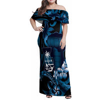 Blue Hafa Adai Guam Family Matching Off Shoulder Maxi Dress and Hawaiian Shirt Chamorro Latte Stone Hand With Plumeria
