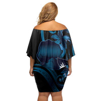 Blue Hafa Adai Guam Family Matching Off Shoulder Short Dress and Hawaiian Shirt Chamorro Latte Stone Hand With Plumeria