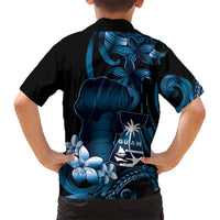 Blue Hafa Adai Guam Family Matching Short Sleeve Bodycon Dress and Hawaiian Shirt Chamorro Latte Stone Hand With Plumeria LT14 - Polynesian Pride
