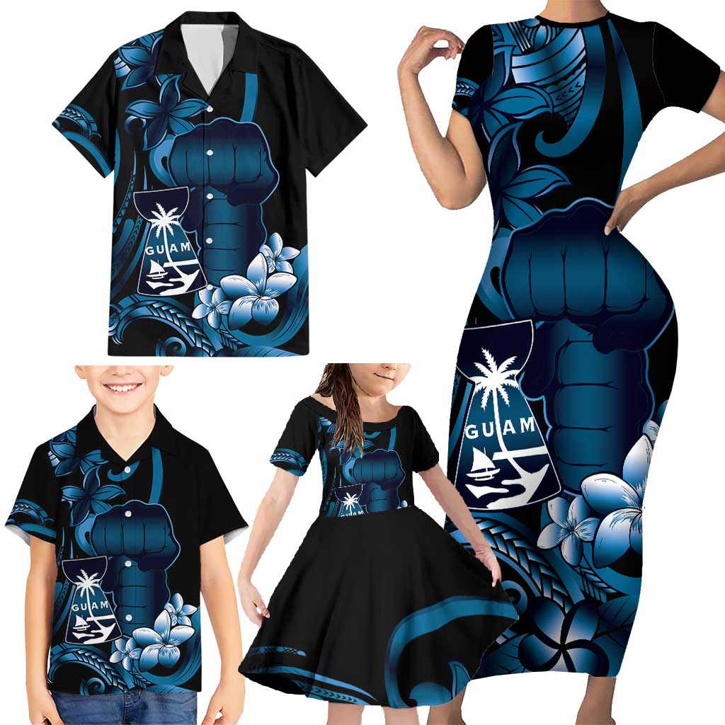 Blue Hafa Adai Guam Family Matching Short Sleeve Bodycon Dress and Hawaiian Shirt Chamorro Latte Stone Hand With Plumeria LT14 - Polynesian Pride