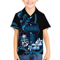 Blue Hafa Adai Guam Family Matching Short Sleeve Bodycon Dress and Hawaiian Shirt Chamorro Latte Stone Hand With Plumeria LT14 Son's Shirt Blue - Polynesian Pride