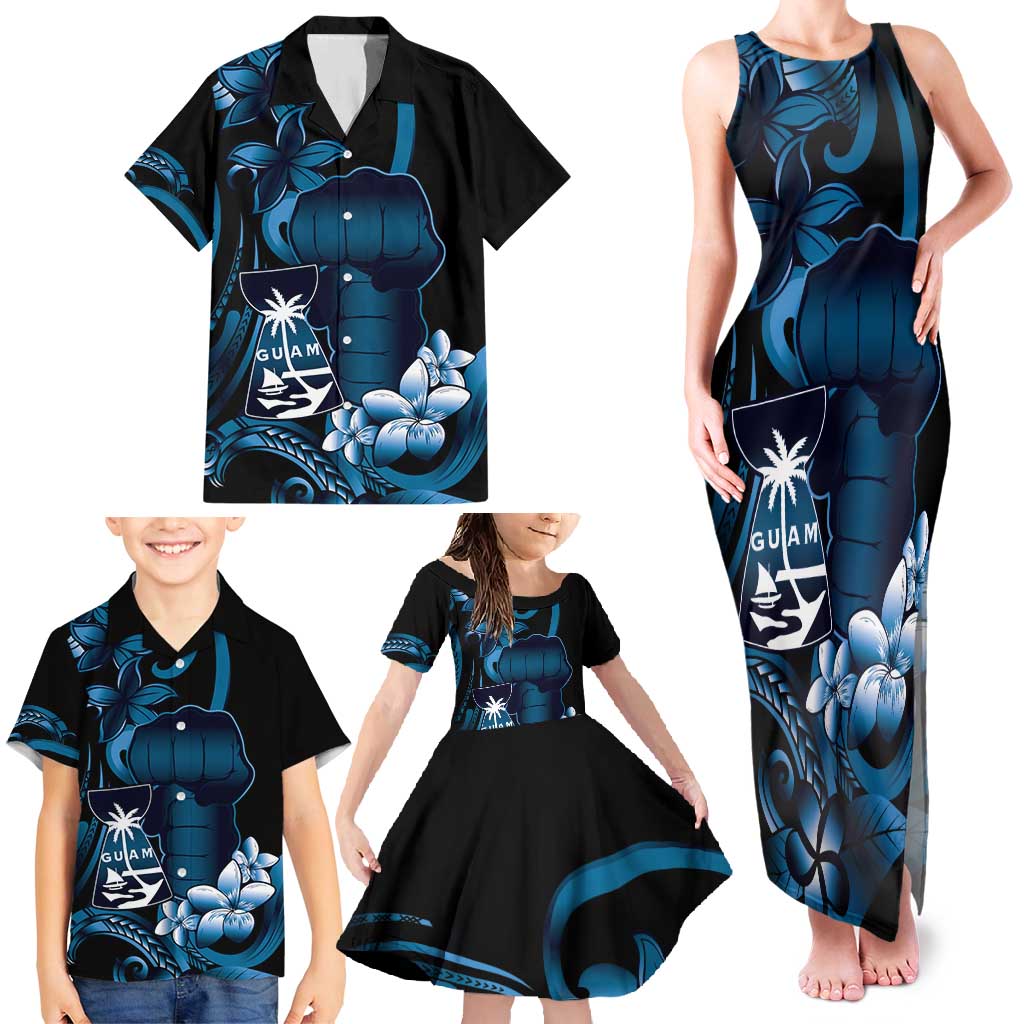 Blue Hafa Adai Guam Family Matching Tank Maxi Dress and Hawaiian Shirt Chamorro Latte Stone Hand With Plumeria LT14 - Polynesian Pride