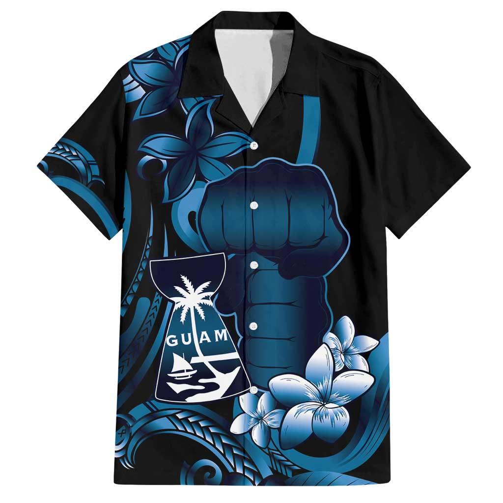 Blue Hafa Adai Guam Family Matching Tank Maxi Dress and Hawaiian Shirt Chamorro Latte Stone Hand With Plumeria LT14 Dad's Shirt - Short Sleeve Blue - Polynesian Pride