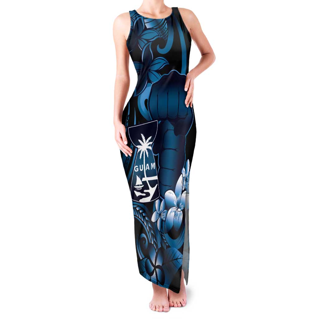 Blue Hafa Adai Guam Family Matching Tank Maxi Dress and Hawaiian Shirt Chamorro Latte Stone Hand With Plumeria LT14 Mom's Dress Blue - Polynesian Pride