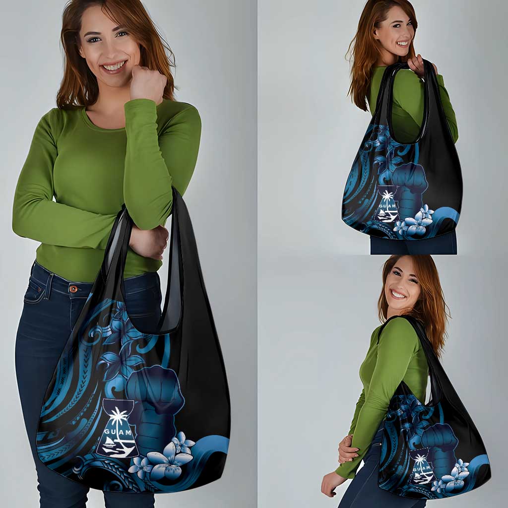 Blue Hafa Adai Guam Grocery Bag Chamorro Latte Stone Hand With Plumeria