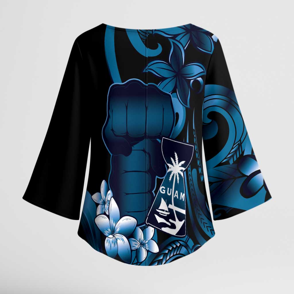 Blue Hafa Adai Guam Kimono Sleeve Blouse Chamorro Latte Stone Hand With Plumeria - Polynesian Pride