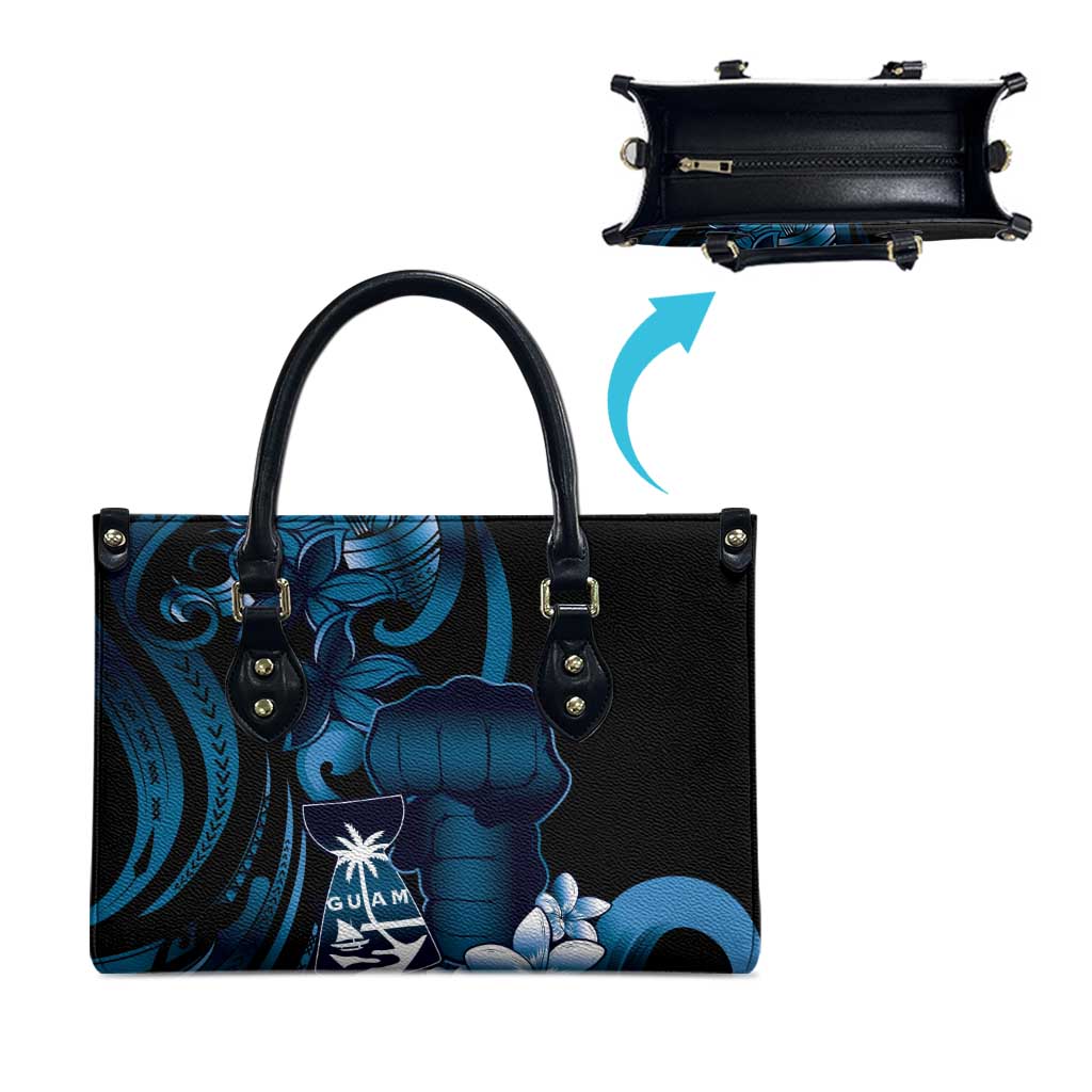 Blue Hafa Adai Guam Leather Bag Chamorro Latte Stone Hand With Plumeria - Polynesian Pride