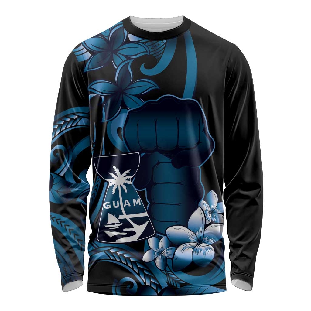 Blue Hafa Adai Guam Long Sleeve Shirt Chamorro Latte Stone Hand With Plumeria